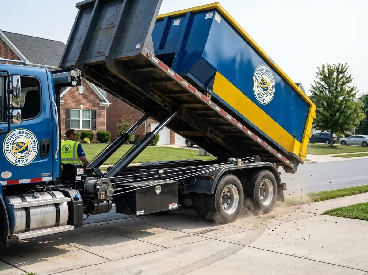 Pottstown Dumpster Rental Group truck delivering a roll-off dumpster to a Pottstown PA driveway